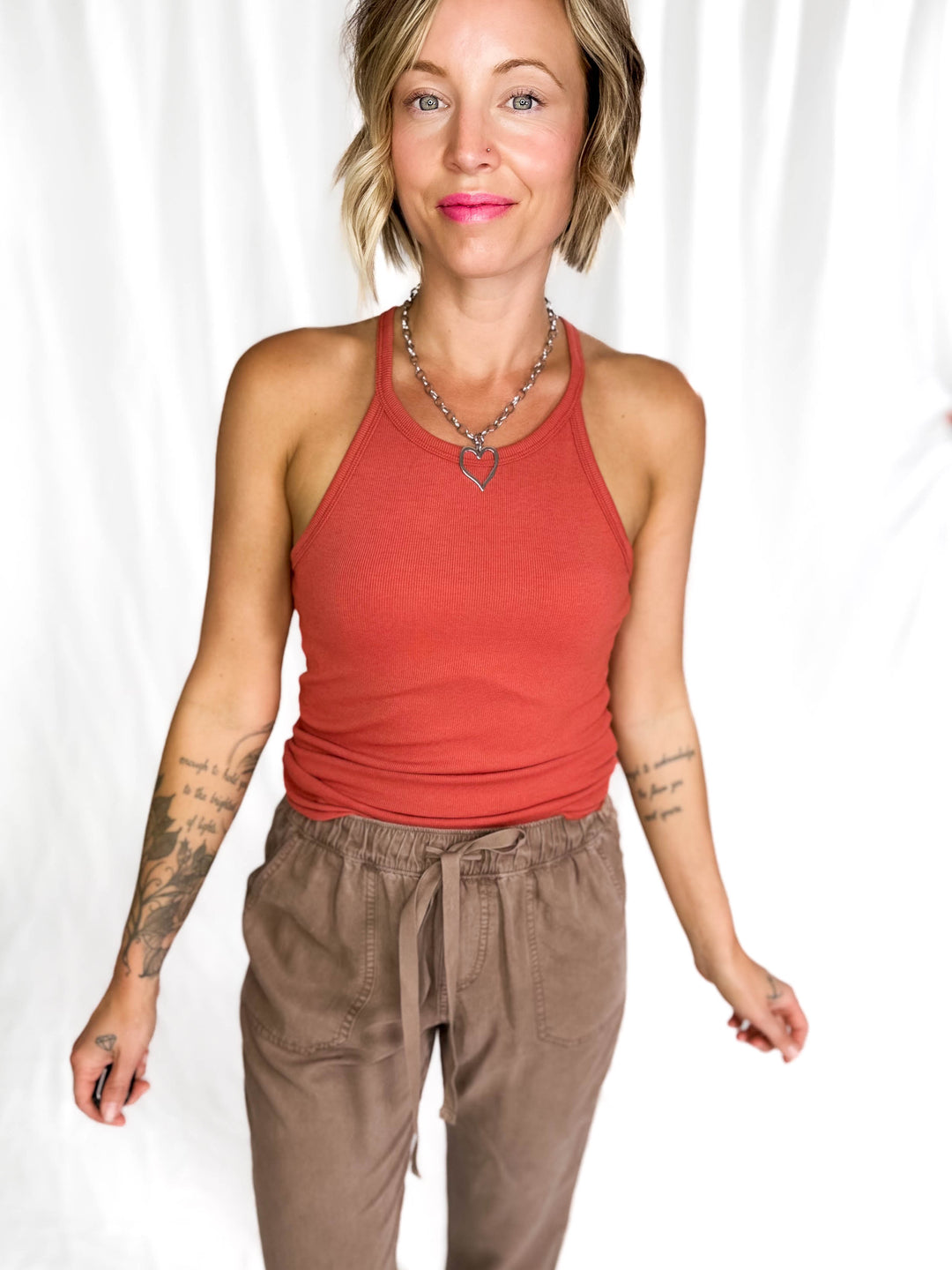 Belly Fitted Rib Knit Halter Cross Tank- BRICK-FINAL SALE