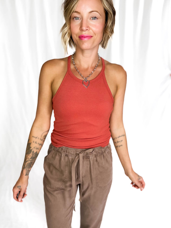 Belly Fitted Rib Knit Halter Cross Tank- BRICK-FINAL SALE