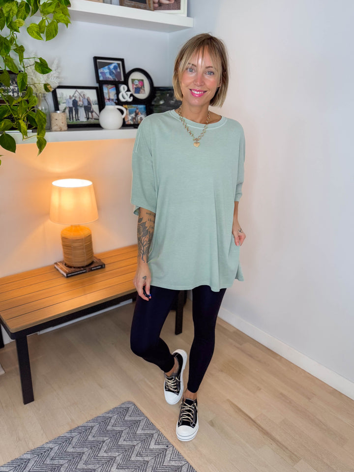 Keri Washed Cotton Boyfriend Tee- SAGE GREEN