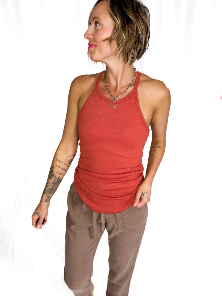 Belly Fitted Rib Knit Halter Cross Tank- BRICK-FINAL SALE