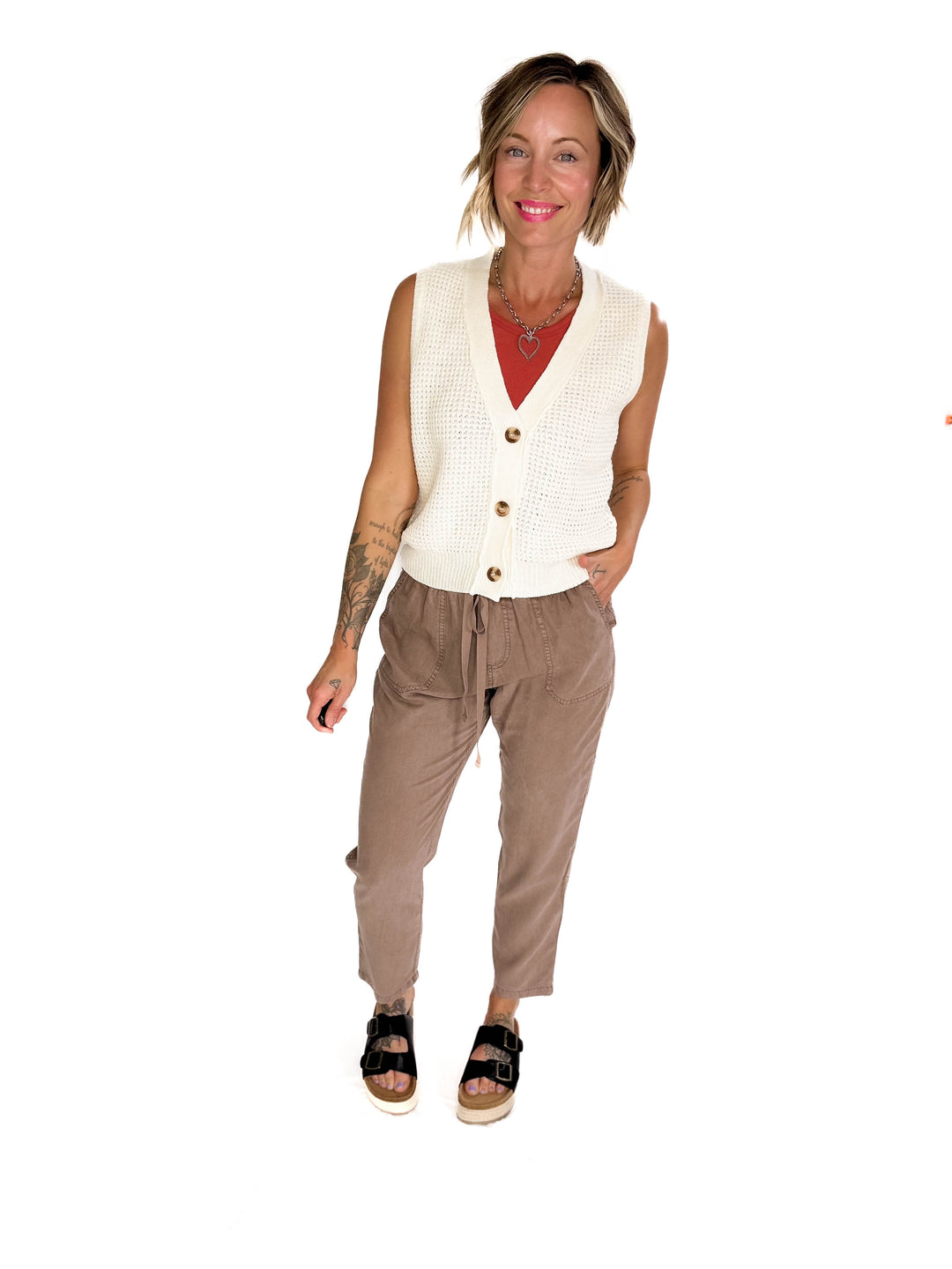 Suzy Chunky Waffle Knit Sweater Vest With Buttons- CREAM