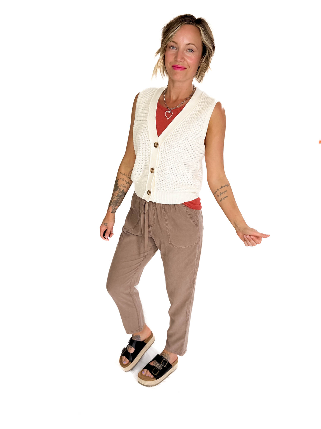 Suzy Chunky Waffle Knit Sweater Vest With Buttons- CREAM