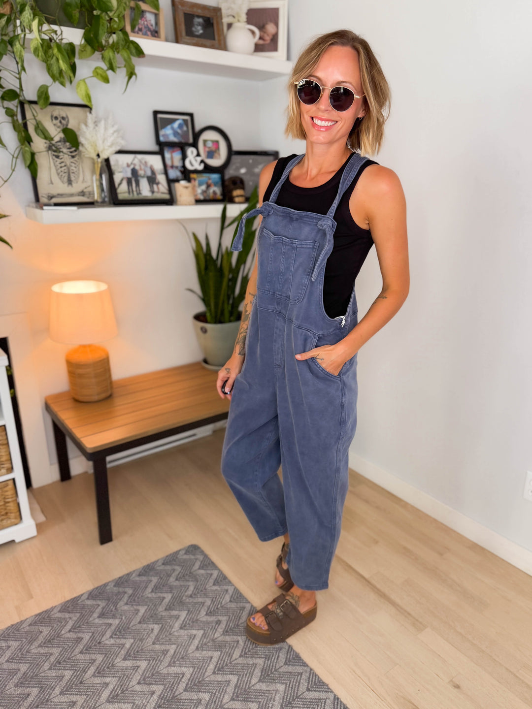 Story Washed Knot Strap Relaxed Fit Overalls- BLACKBERRY