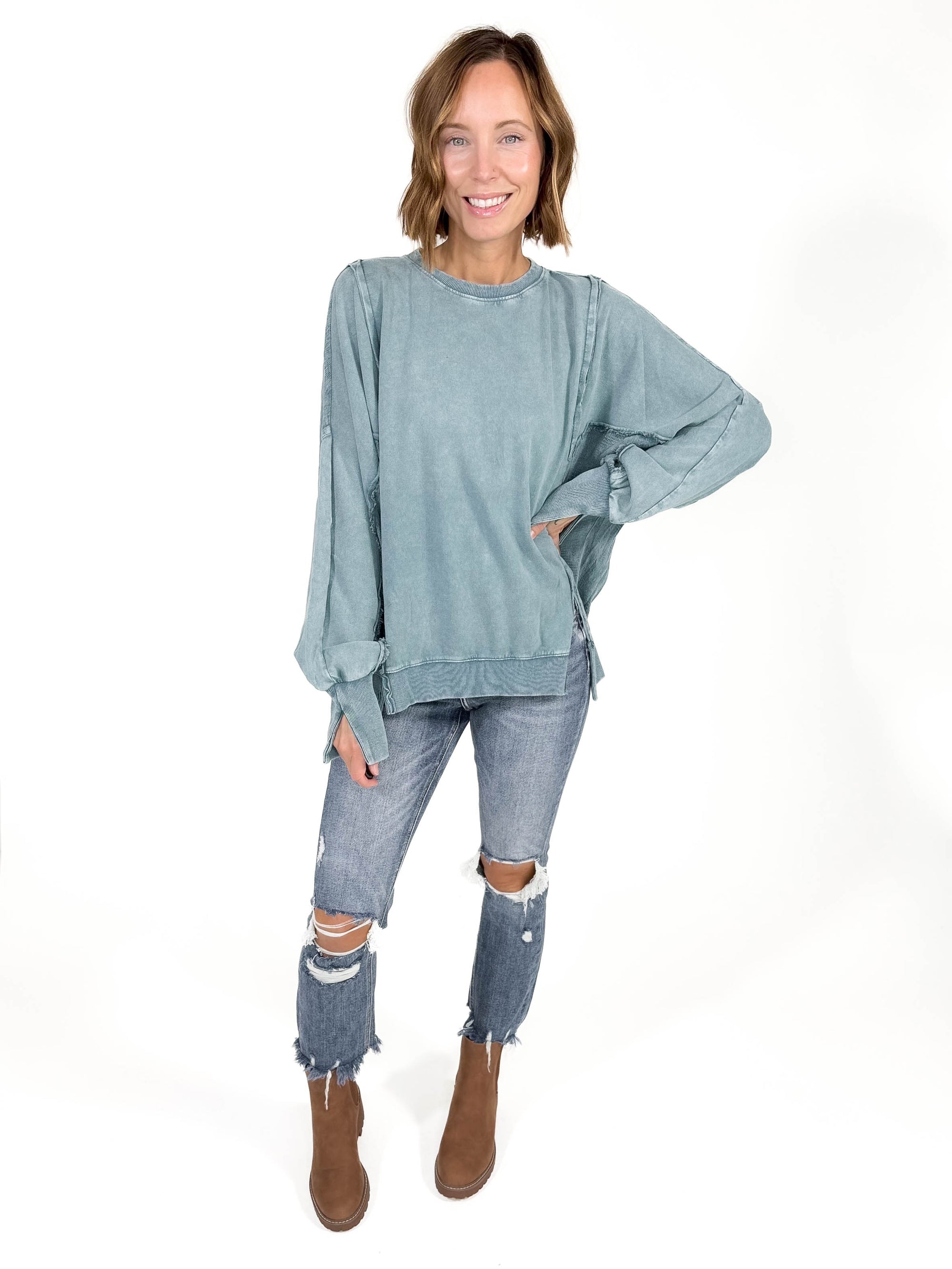 Isabella Contrast Pullover- TEAL GREEN