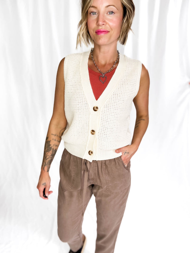 Suzy Chunky Waffle Knit Sweater Vest With Buttons- CREAM