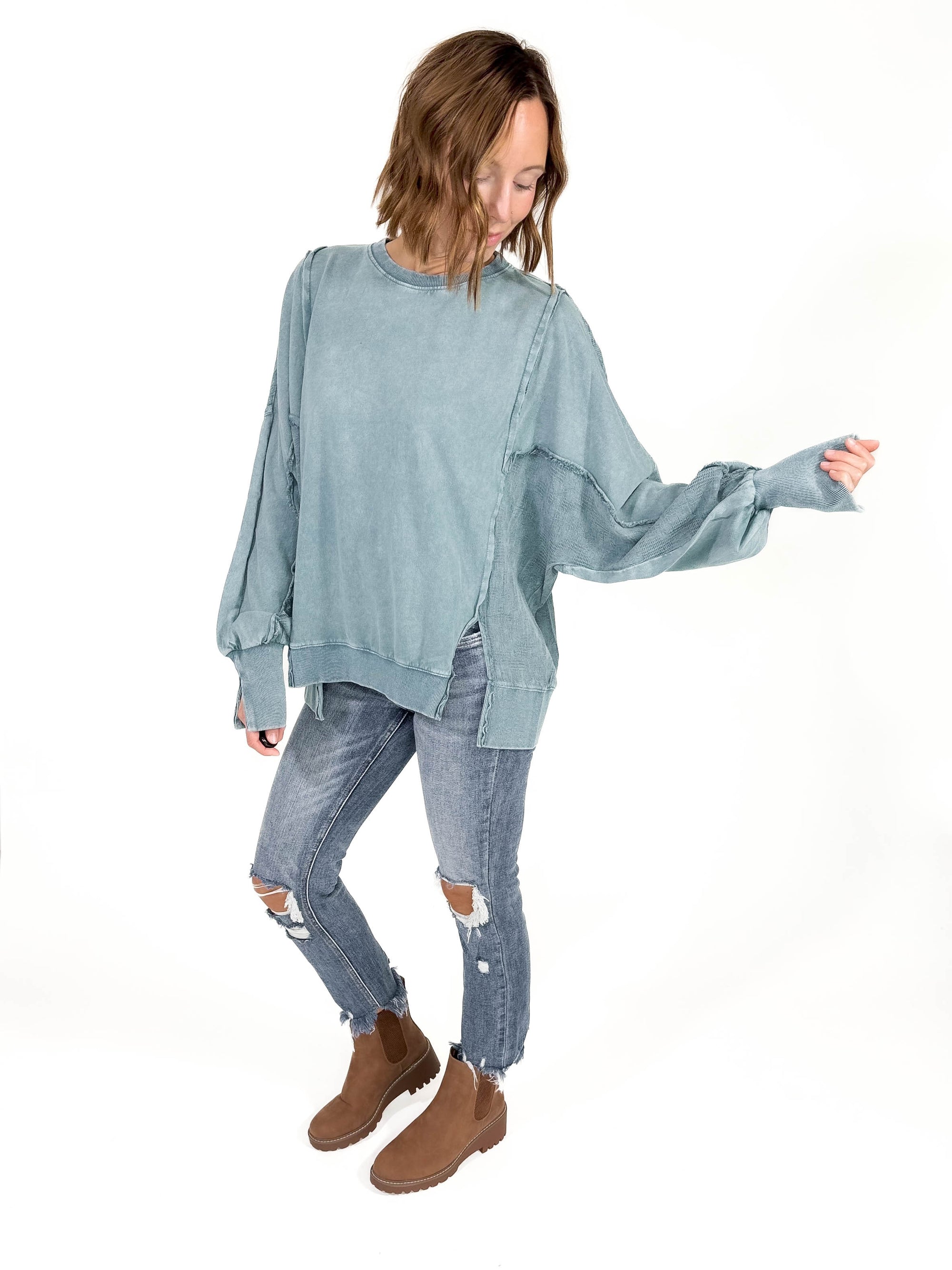 Isabella Contrast Pullover- TEAL GREEN