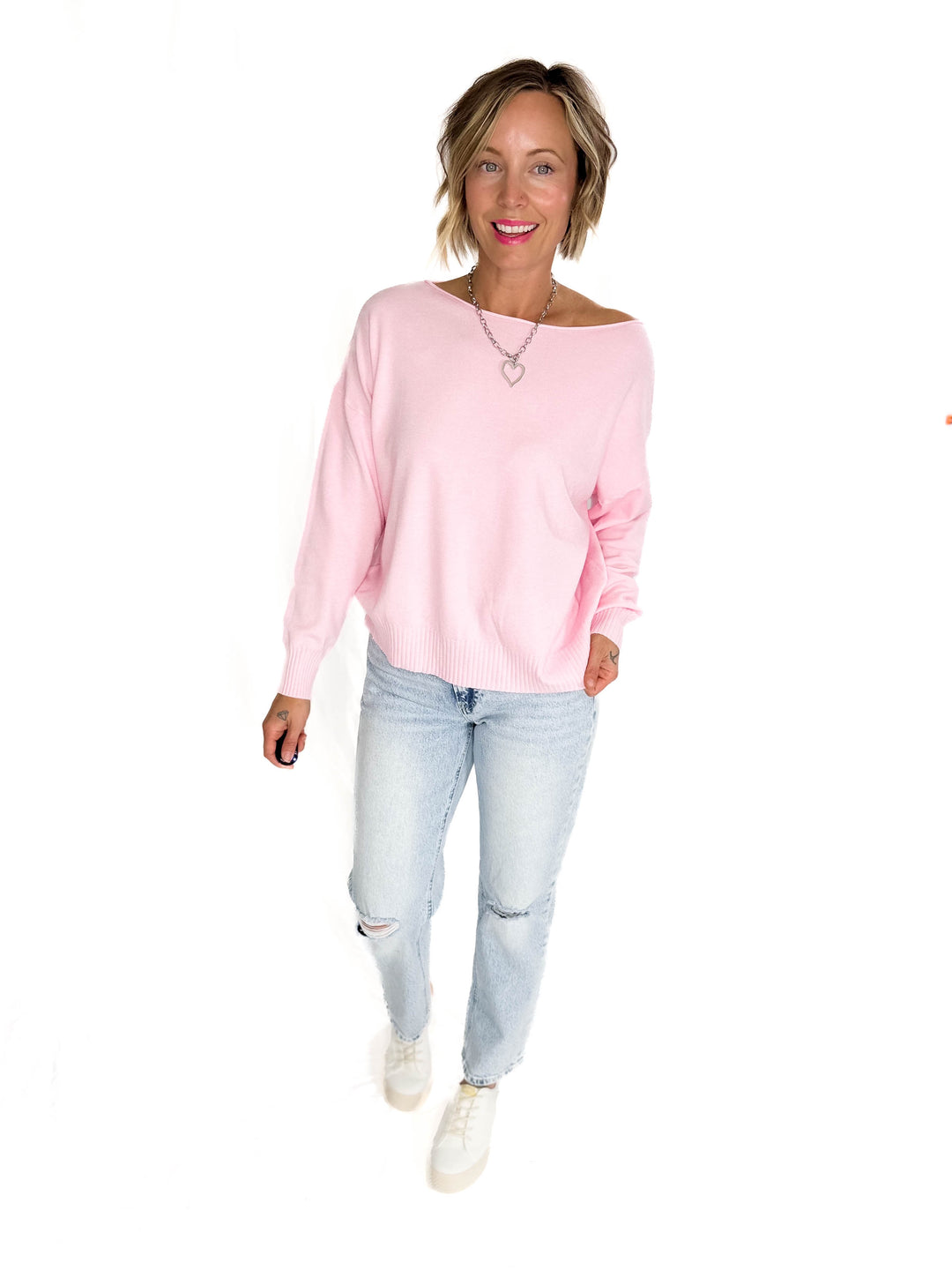 Lacey Knit Sweater- HEATHER PINK LEMON
