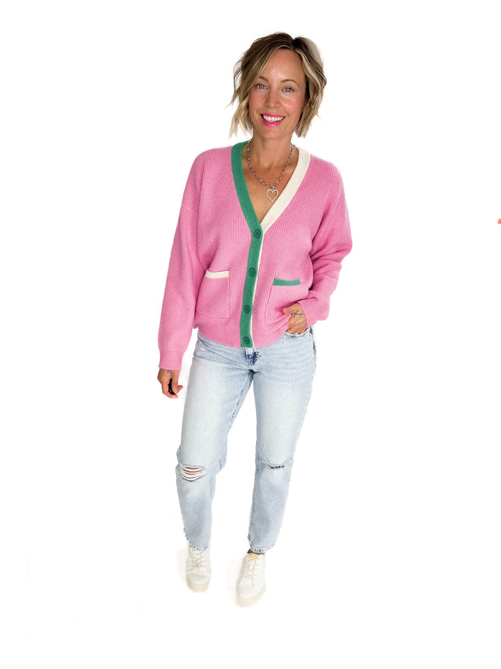 Jane Knit Button Sweater- PINK COMBO