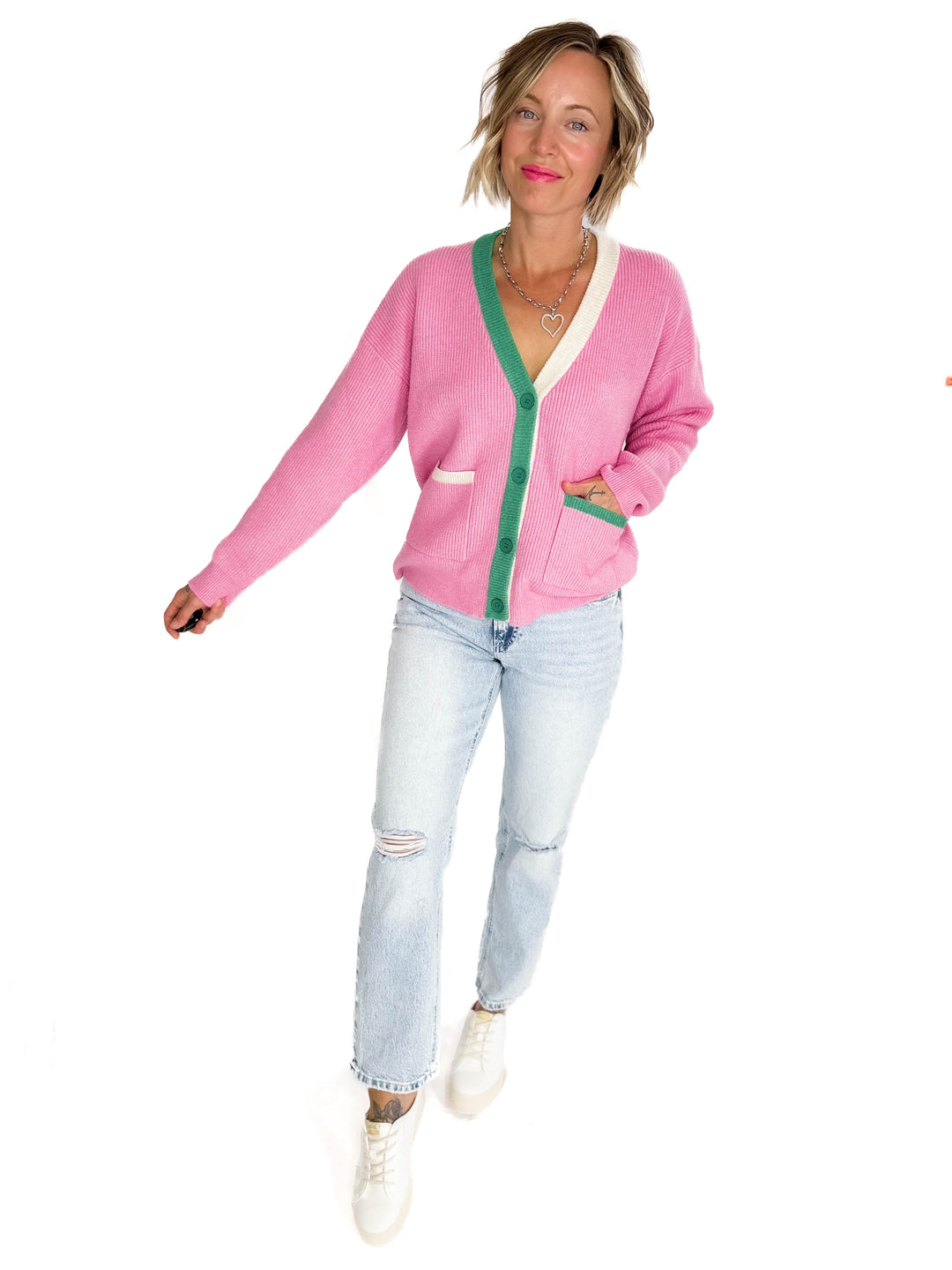 Jane Knit Button Sweater- PINK COMBO