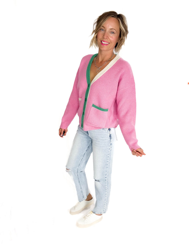Jane Knit Button Sweater- PINK COMBO