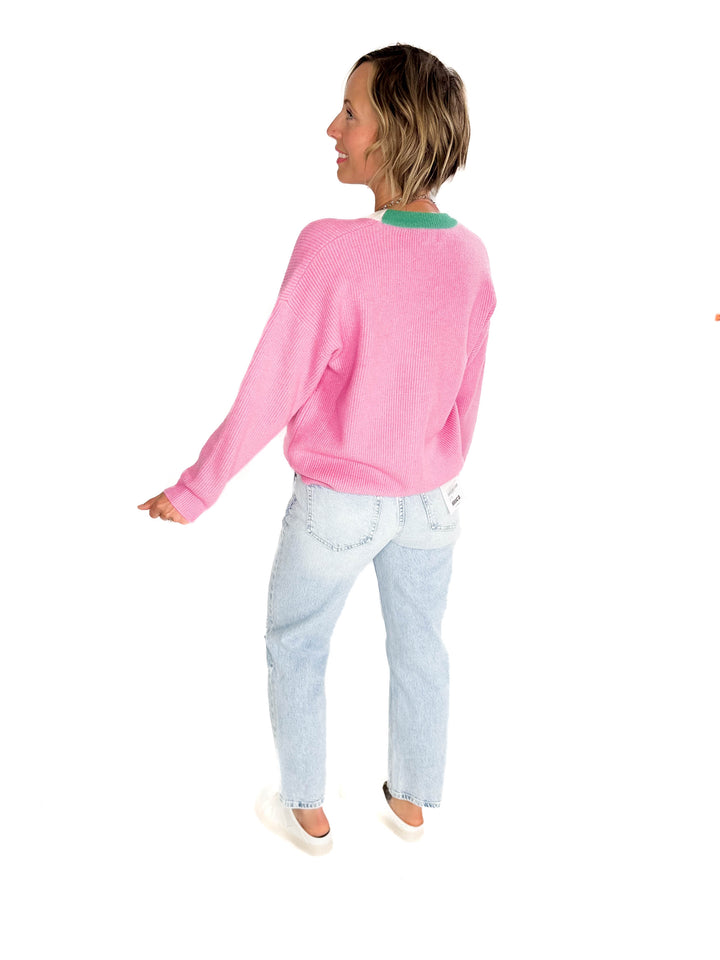 Jane Knit Button Sweater- PINK COMBO