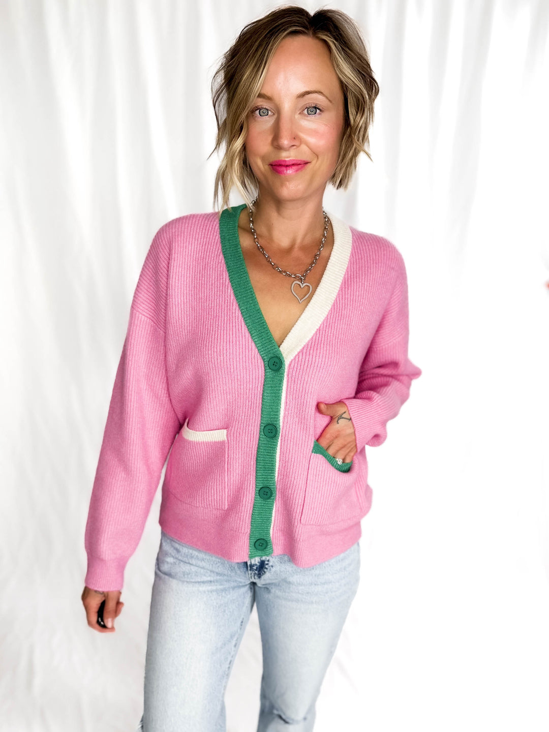 Jane Knit Button Sweater- PINK COMBO