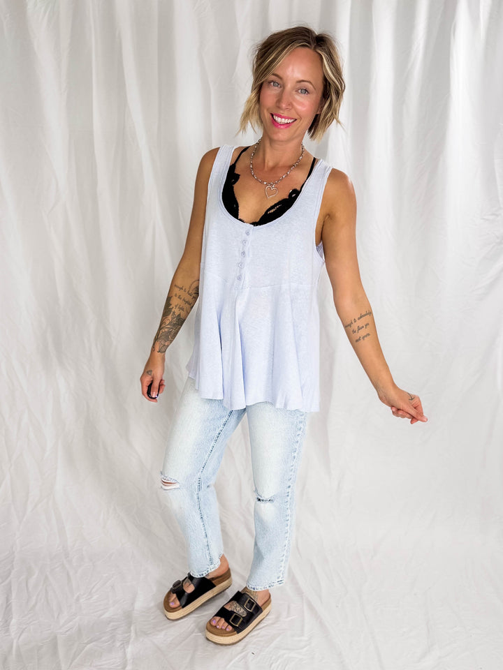 Jocelyn Swing Knit Tank Top With Raw Edge Detail- LIGHT BLUE
