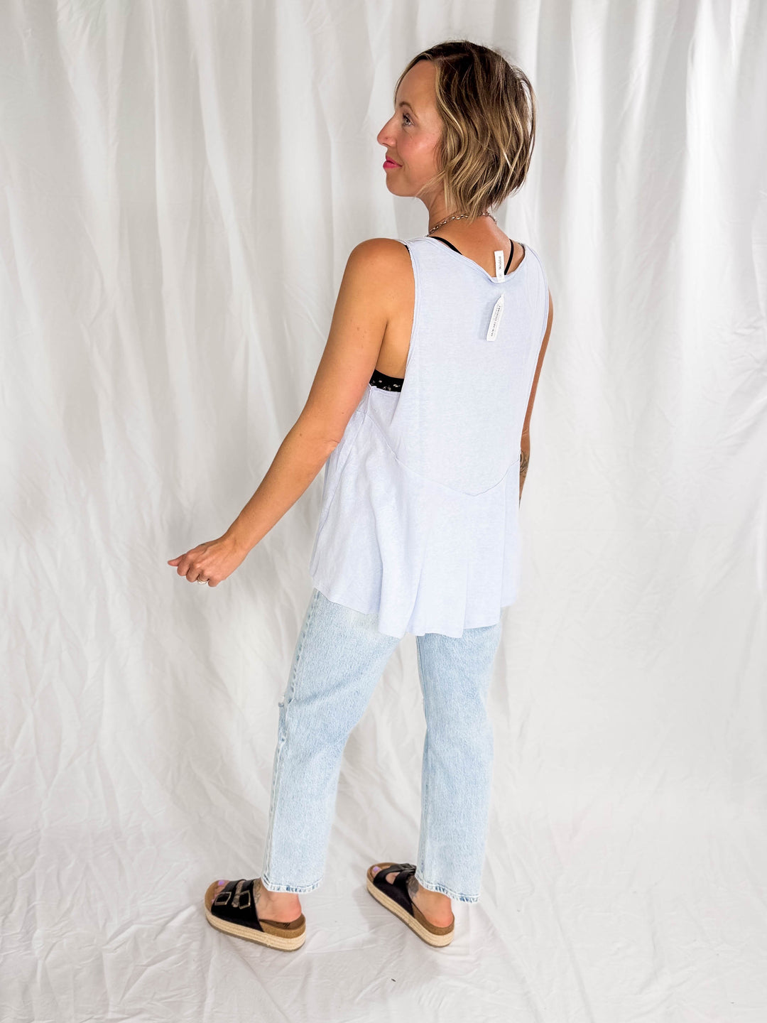 Jocelyn Swing Knit Tank Top With Raw Edge Detail- LIGHT BLUE
