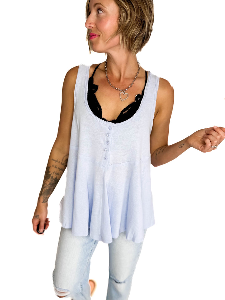Jocelyn Swing Knit Tank Top With Raw Edge Detail- LIGHT BLUE