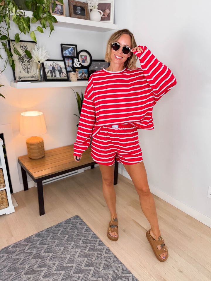 Dallen Striped Terry Lounge Sweatshirt & Shorts Set- TOMATO/BABY BLUE