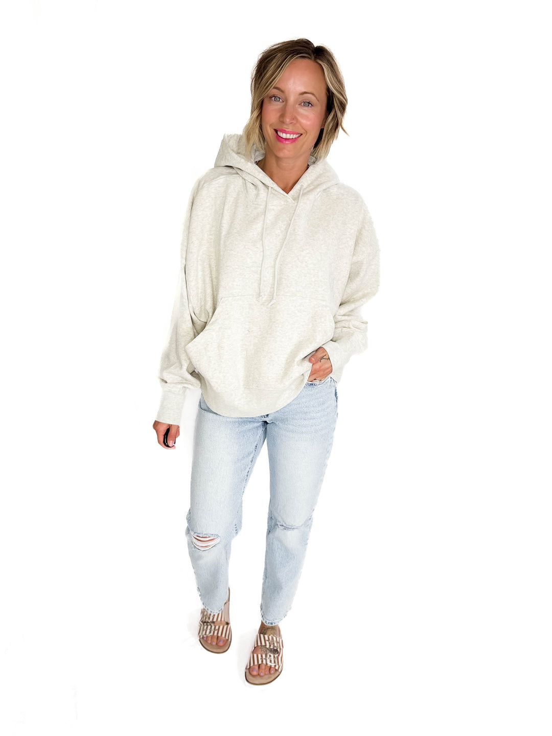 T+G Essential Oversized Fleece Hoodie- HTHR GREY