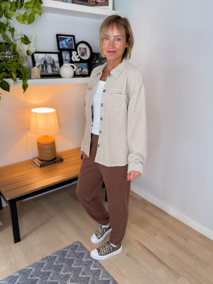 ONLY Maiko Distressed Corduroy Shacket- PUMICE STONE
