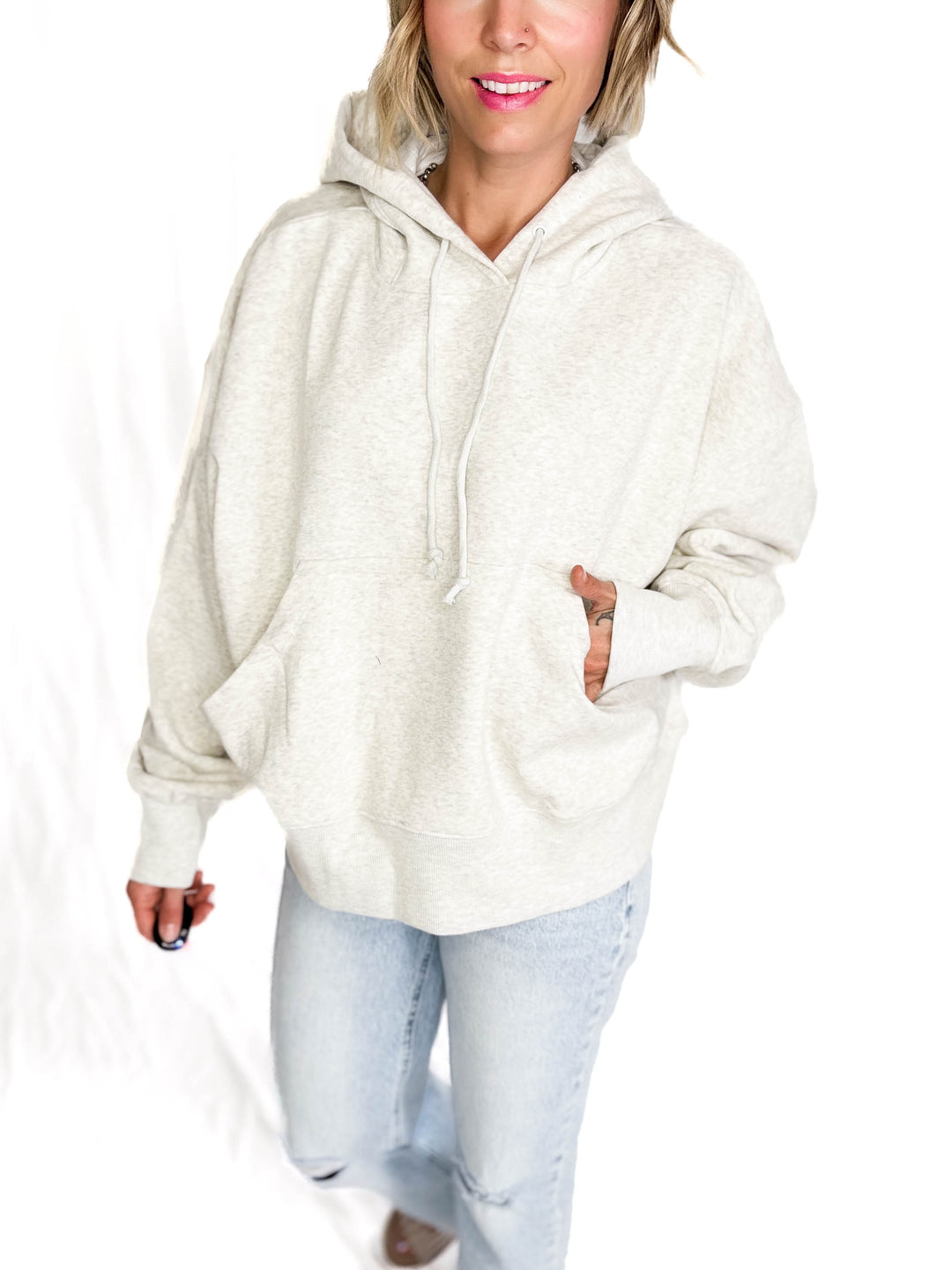 T+G Essential Oversized Fleece Hoodie- HTHR GREY