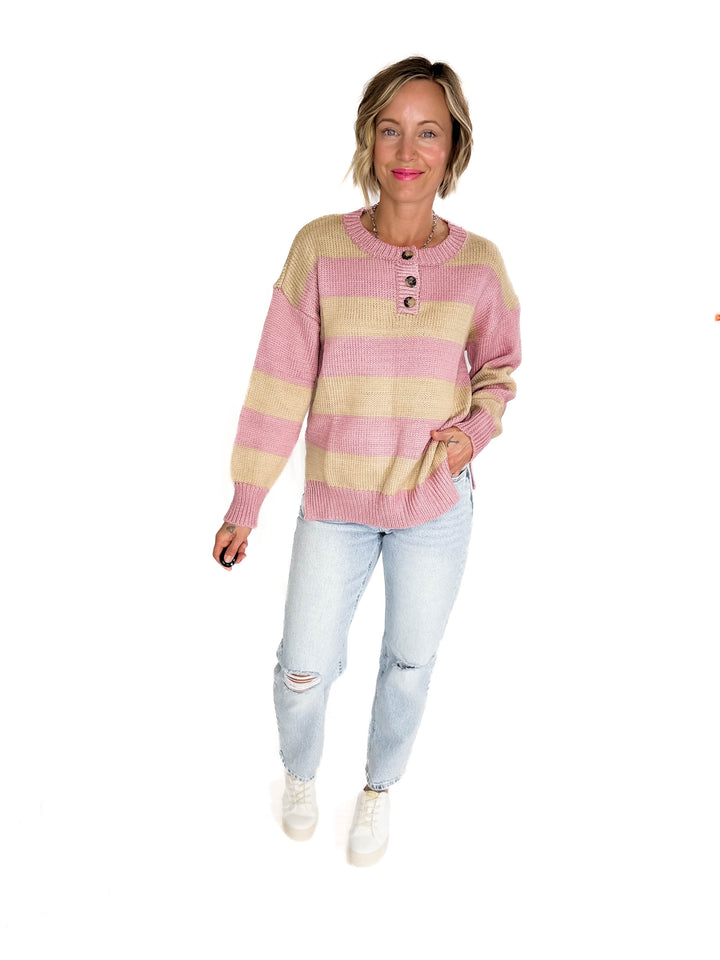 Tracly Striped Button Up Knit Sweater- MAUVE/TAUPE