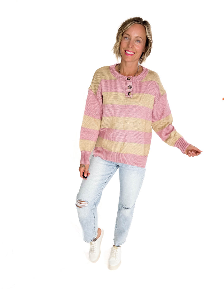 Tracly Striped Button Up Knit Sweater- MAUVE/TAUPE