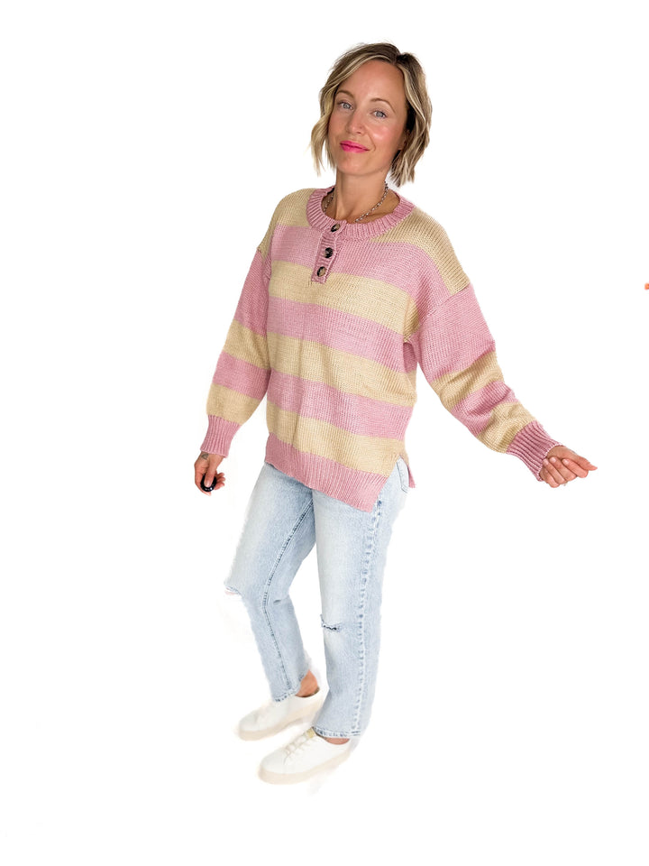 Tracly Striped Button Up Knit Sweater- MAUVE/TAUPE