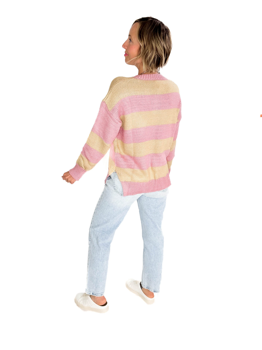 Tracly Striped Button Up Knit Sweater- MAUVE/TAUPE