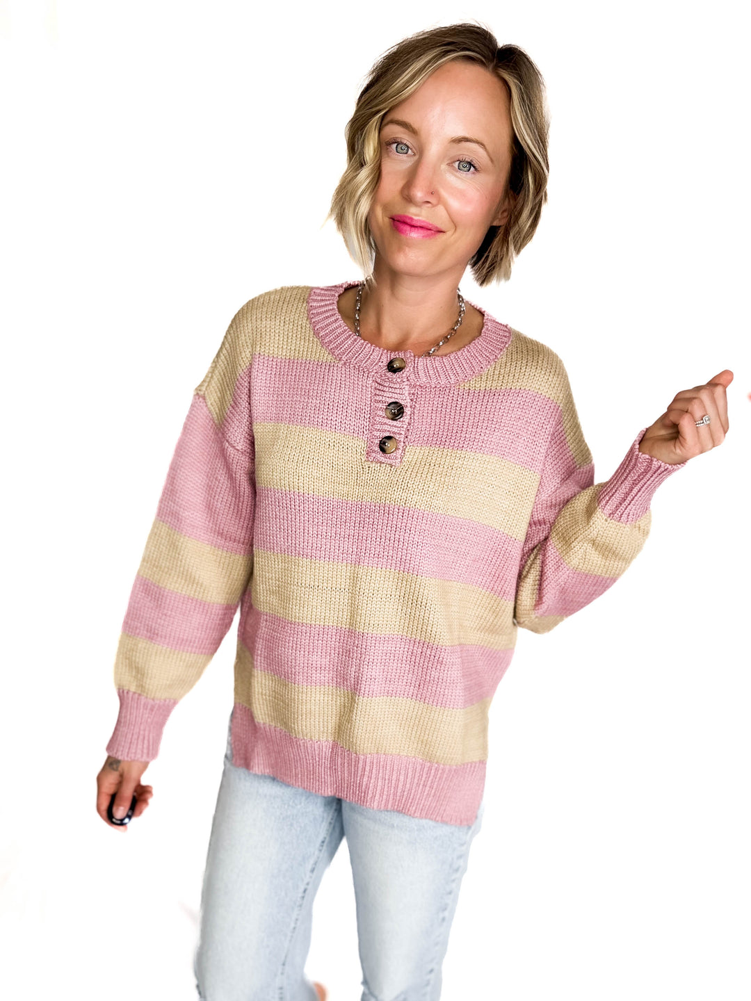 Tracly Striped Button Up Knit Sweater- MAUVE/TAUPE