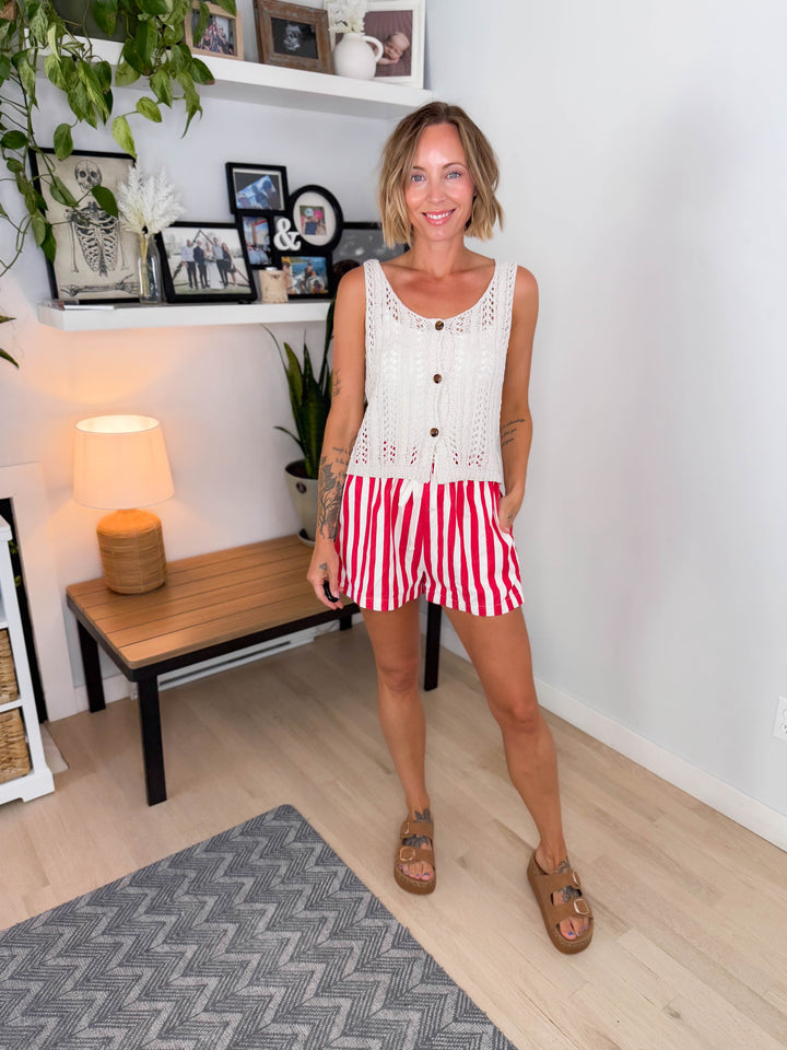 Maria Stripe Twill Denim Shorts- RED