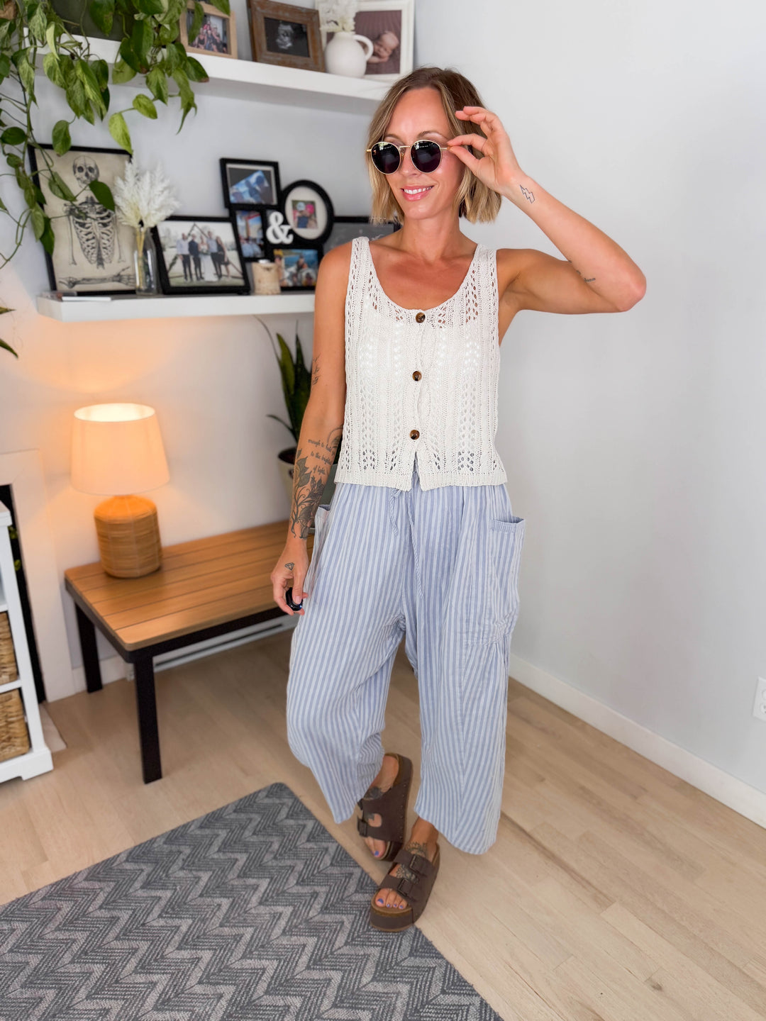 Kesha Crochet Knit Button Front Top- BEIGE
