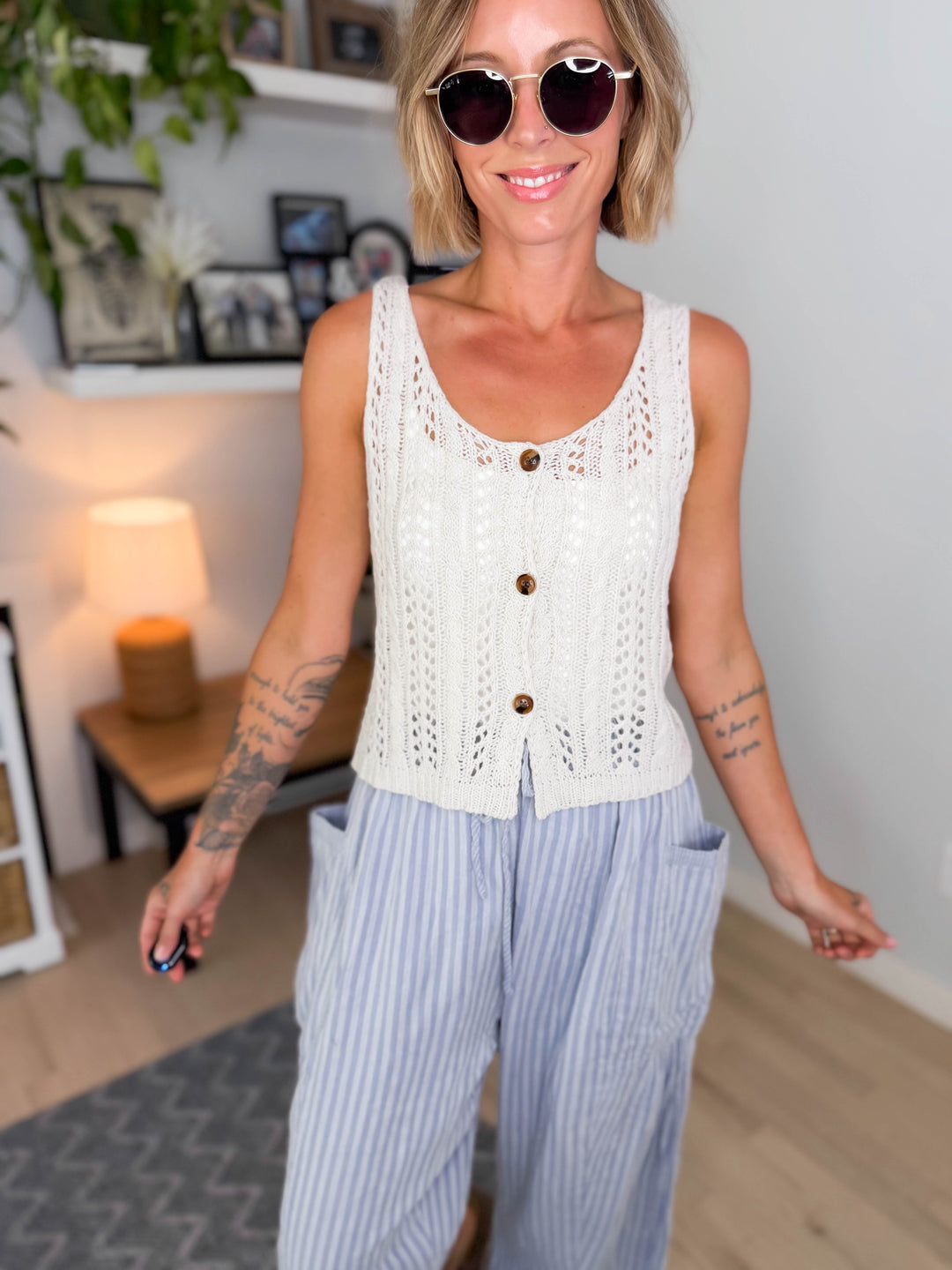 Kesha Crochet Knit Button Front Top- BEIGE