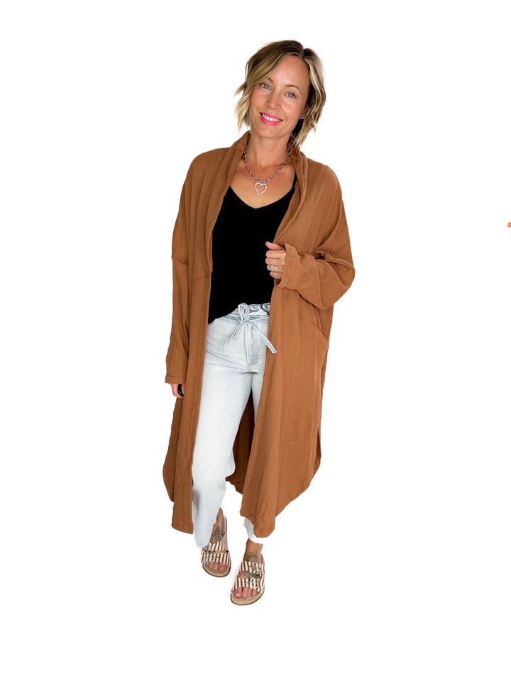 Ginny Thermal Knit Oversized Cardigan- CAMEL