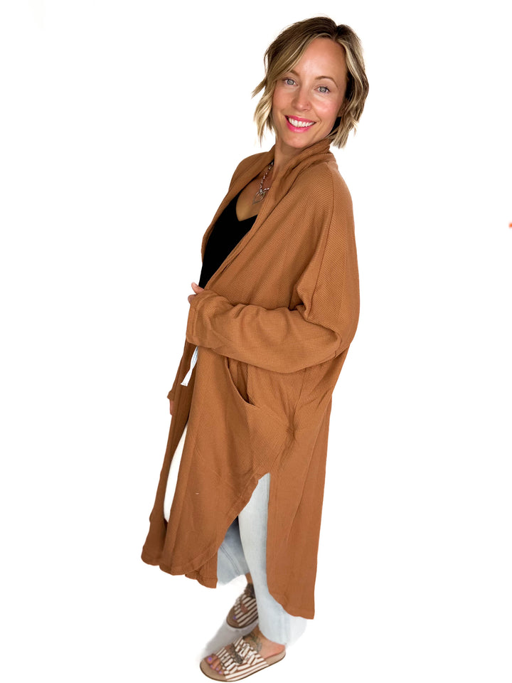 Ginny Thermal Knit Oversized Cardigan- CAMEL