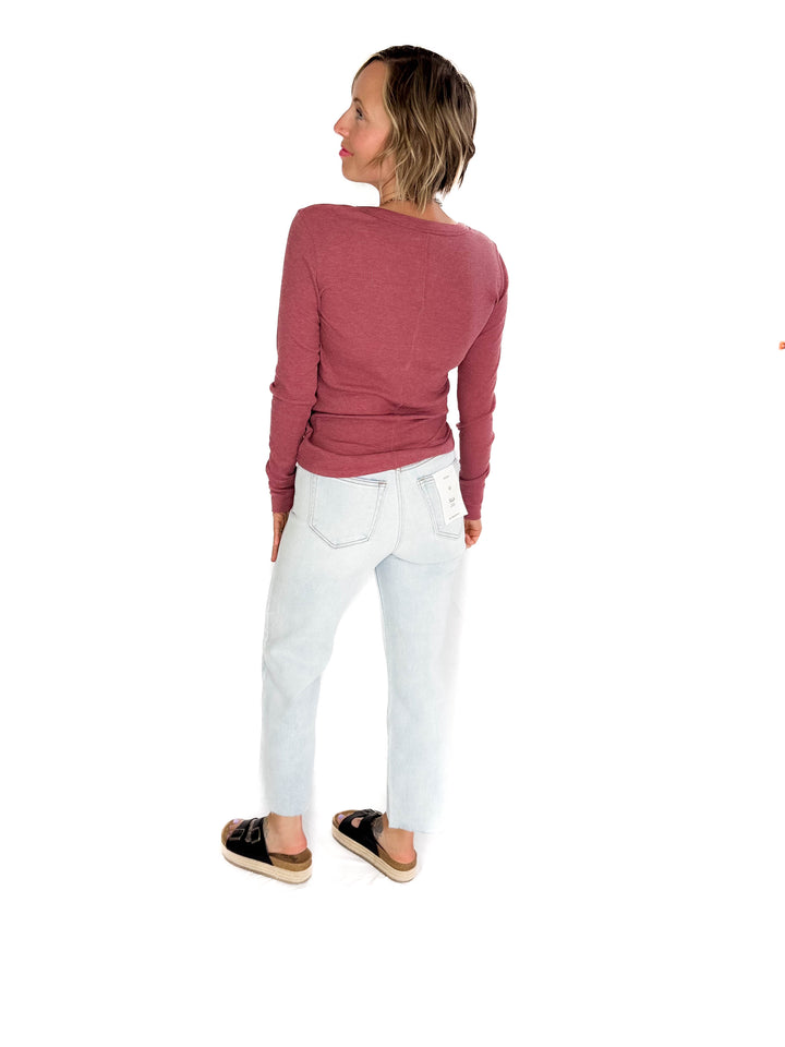Chella Classic Ribbed Cotton V-Neck Button Snap Henley Top- BURGUNDY-FINAL SALE