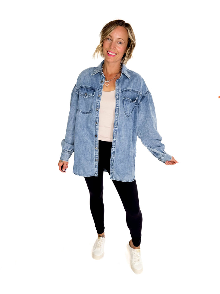 Heart Throb Denim Shacket- MEDIUM WASH