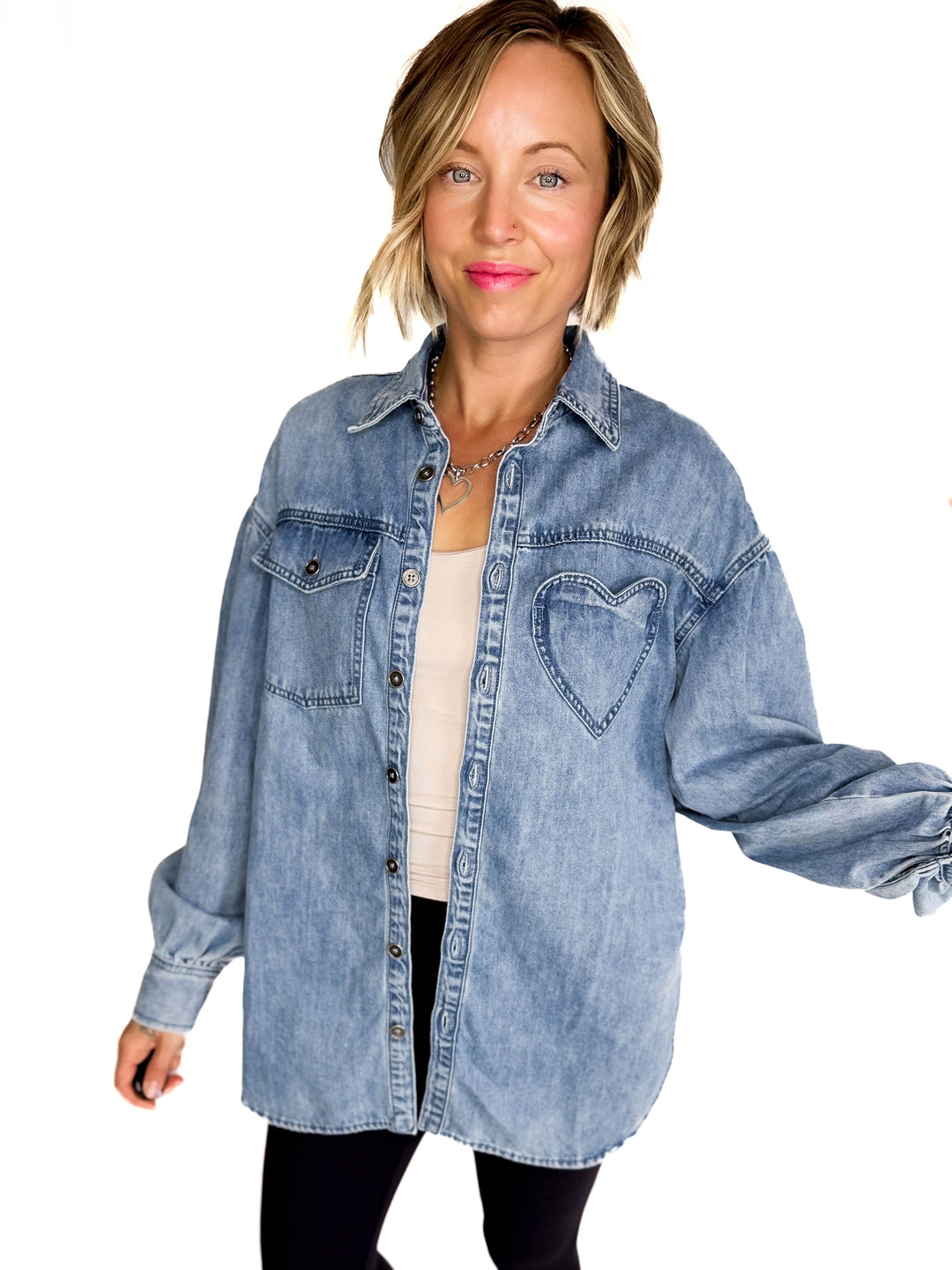 Heart Throb Denim Shacket- MEDIUM WASH