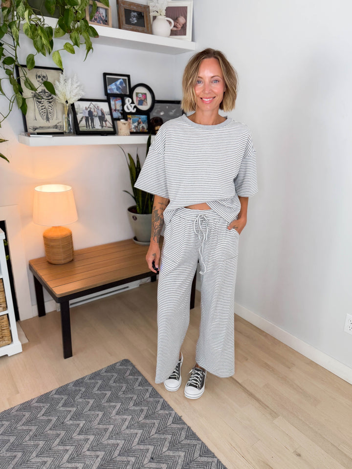 Anahi Striped Stretch Cotton Top and Pants Set- HEATHER GREY/WHITE