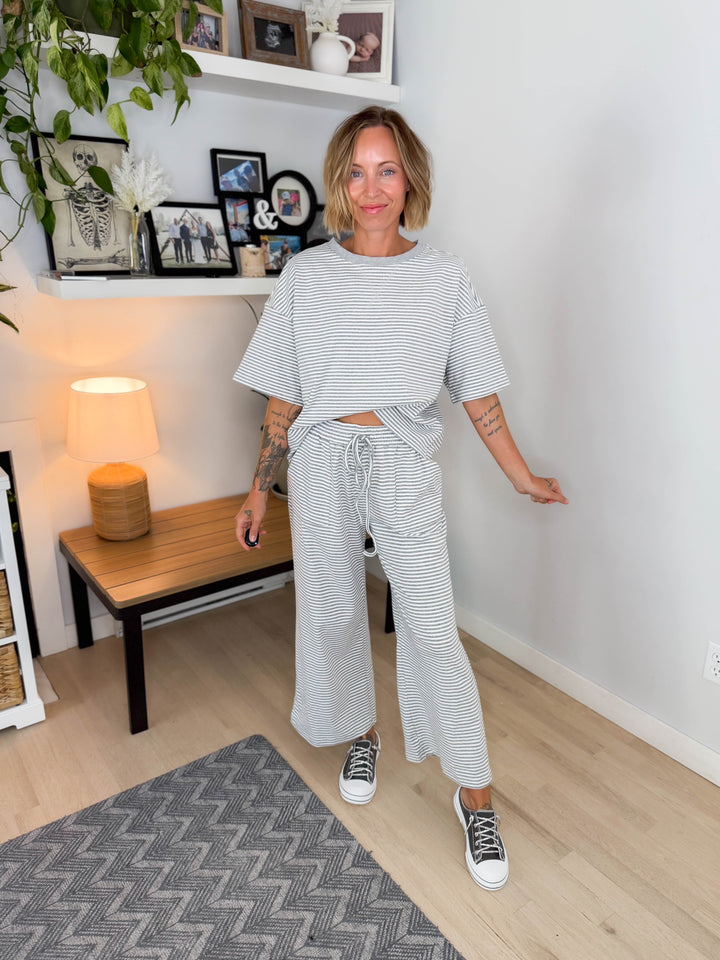 Anahi Striped Stretch Cotton Top and Pants Set- HEATHER GREY/WHITE