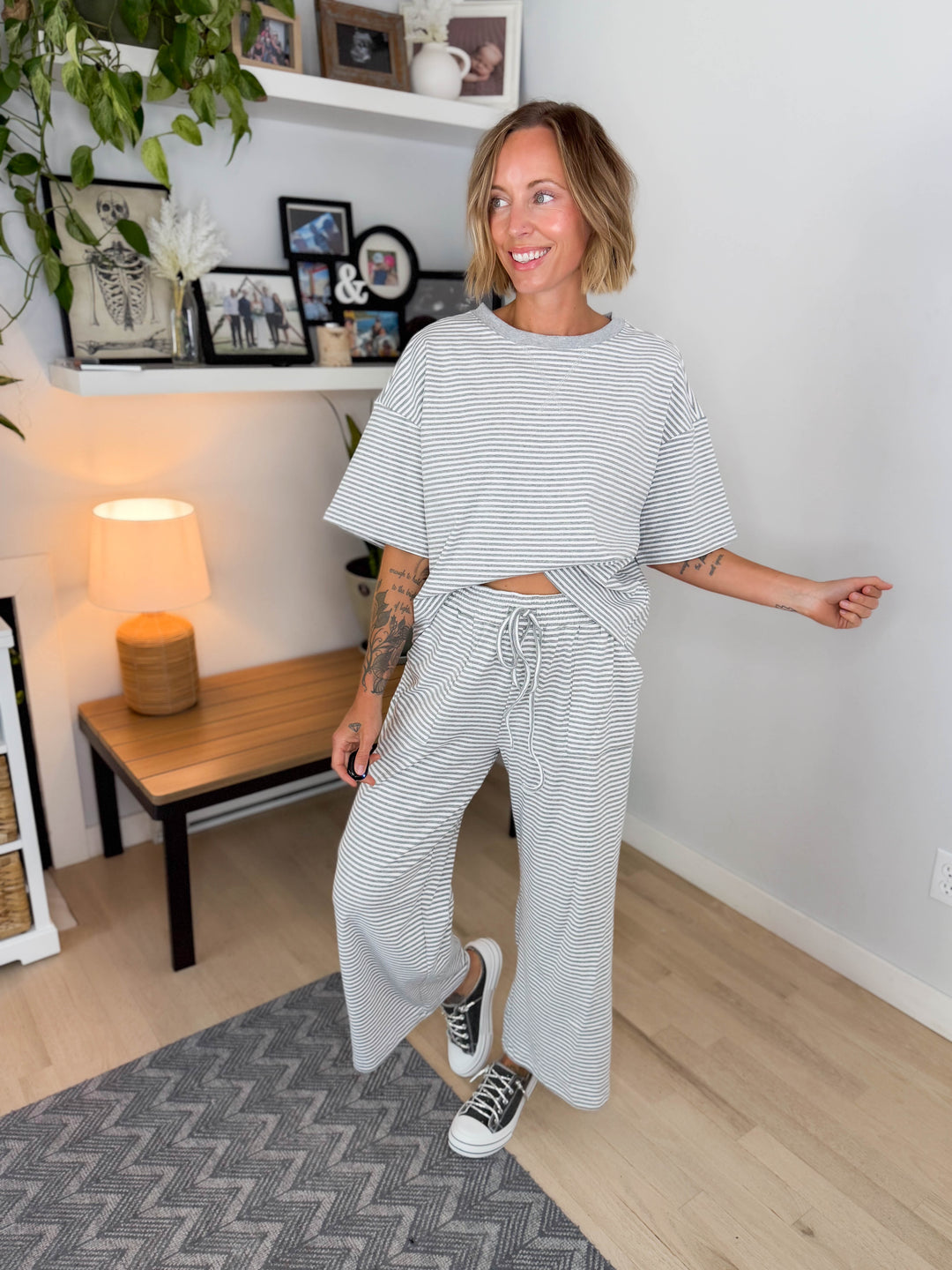Anahi Striped Stretch Cotton Top and Pants Set- HEATHER GREY/WHITE