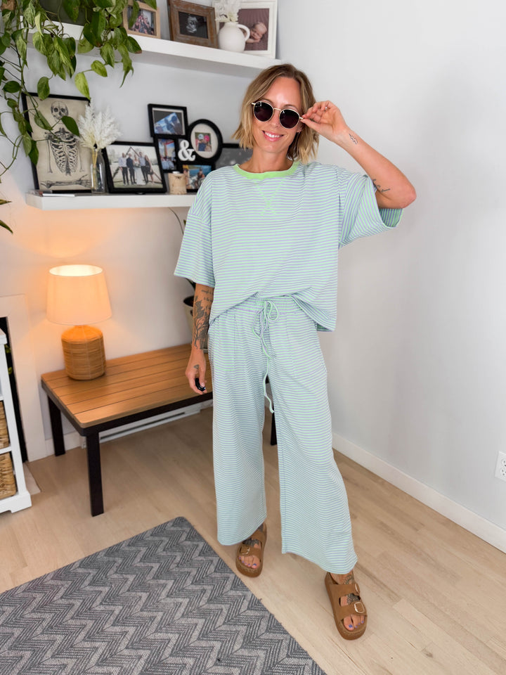 Anahi Striped Stretch Cotton Top and Pants Set- MINT/LILAC