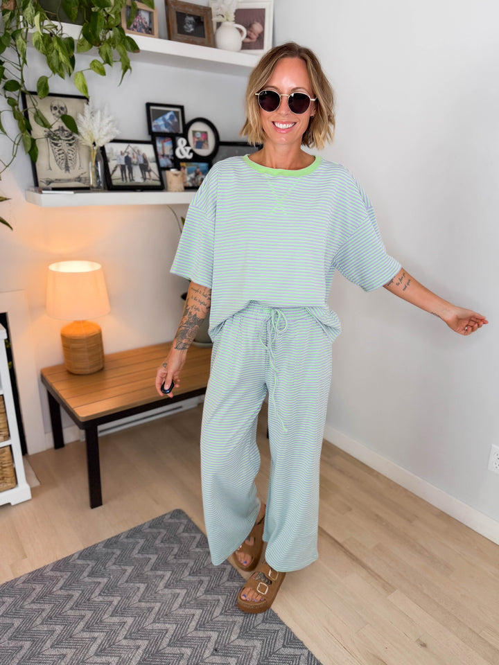 Anahi Striped Stretch Cotton Top and Pants Set- MINT/LILAC