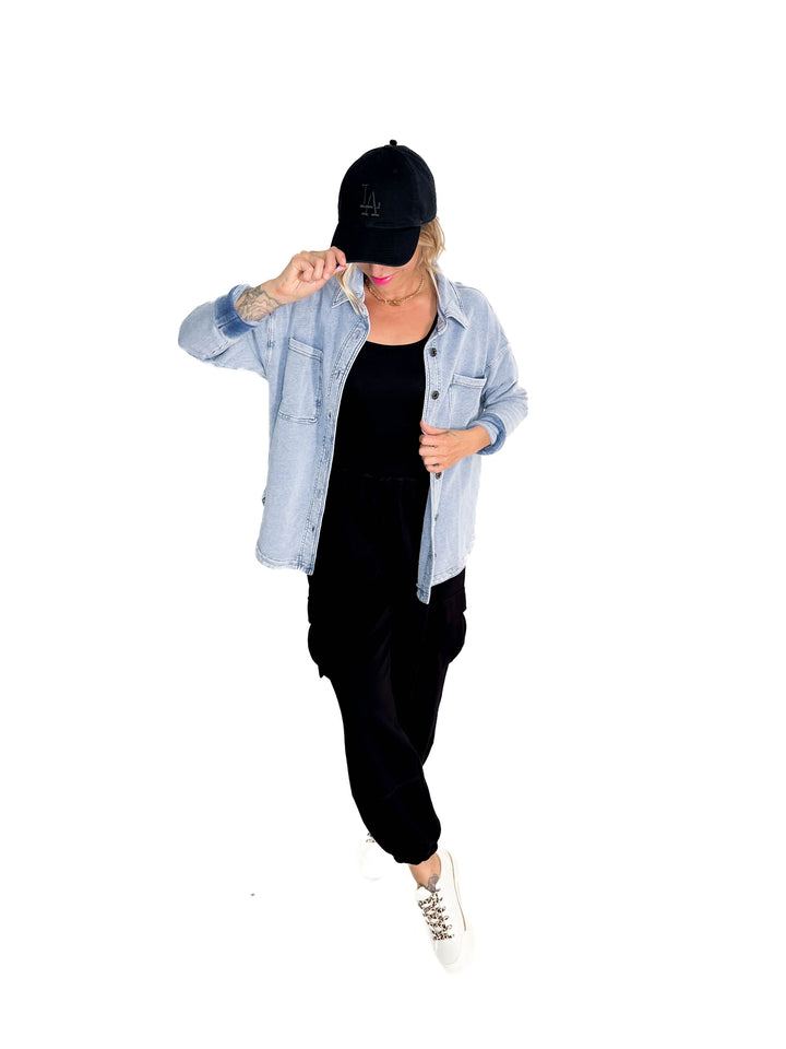 Bethany Washed French Terry Shacket- LIGHT DENIM