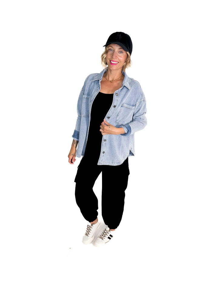 Bethany Washed French Terry Shacket- LIGHT DENIM