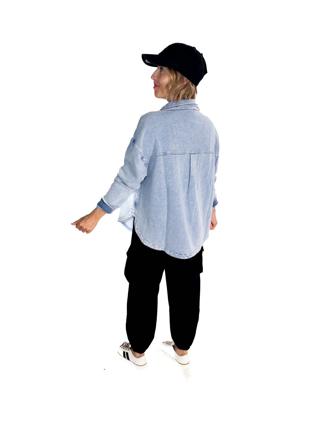 Bethany Washed French Terry Shacket- LIGHT DENIM
