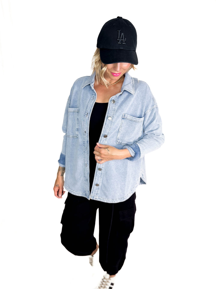 Bethany Washed French Terry Shacket- LIGHT DENIM