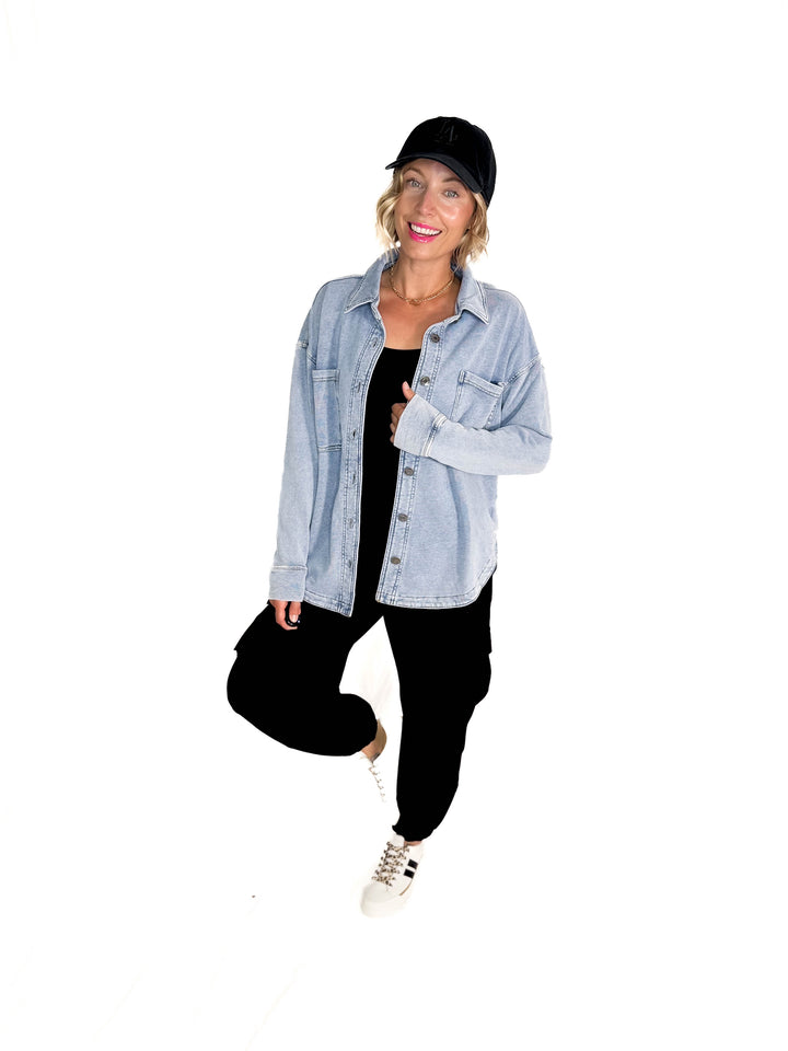 Bethany Washed French Terry Shacket- LIGHT DENIM