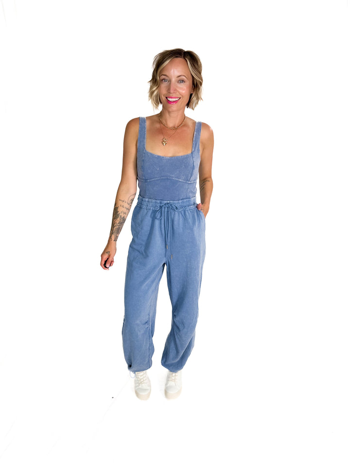 Farrah Mineral Wash Drawstring  Jumpsuit- DENIM