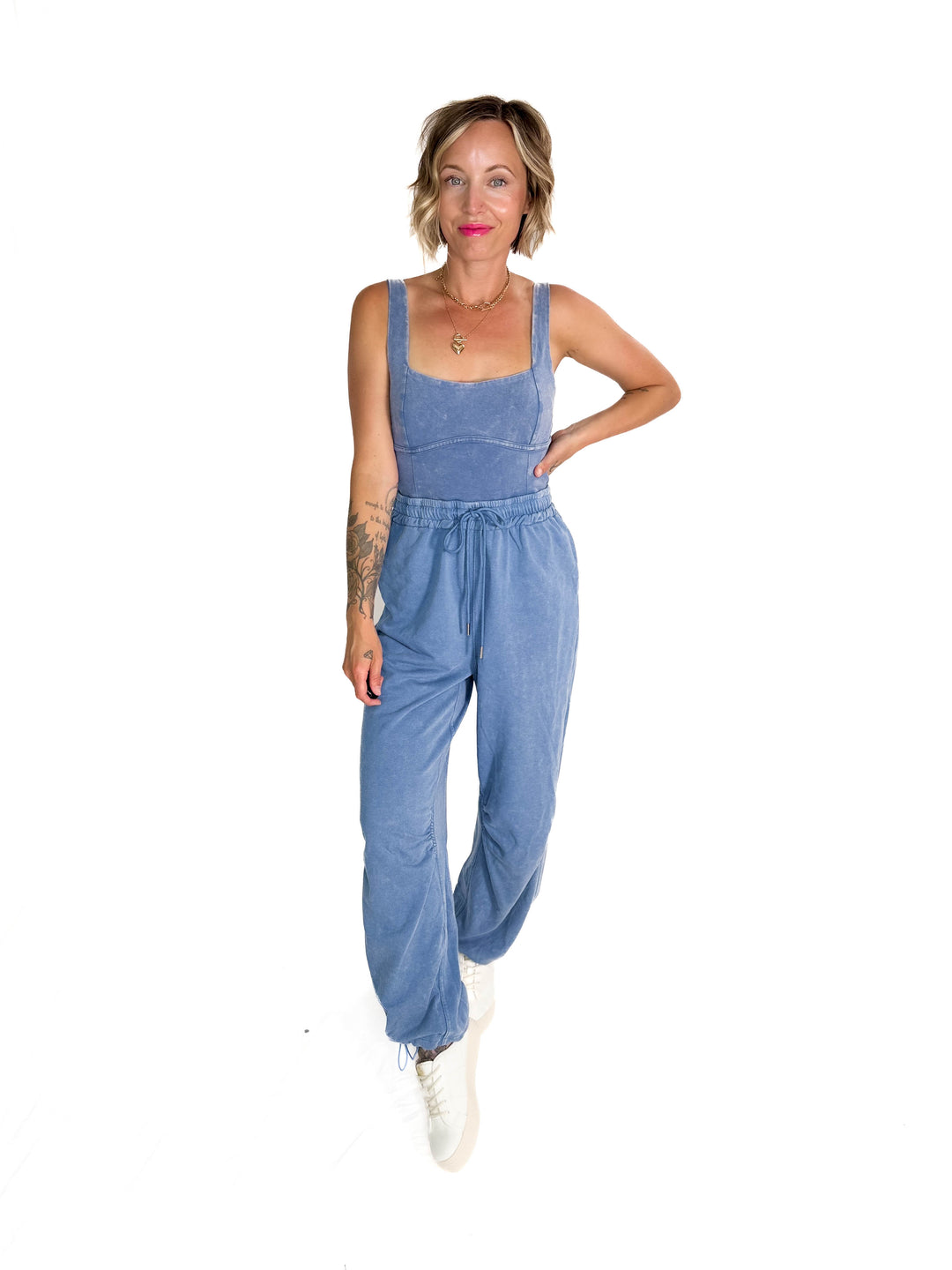 Farrah Mineral Wash Drawstring  Jumpsuit- DENIM