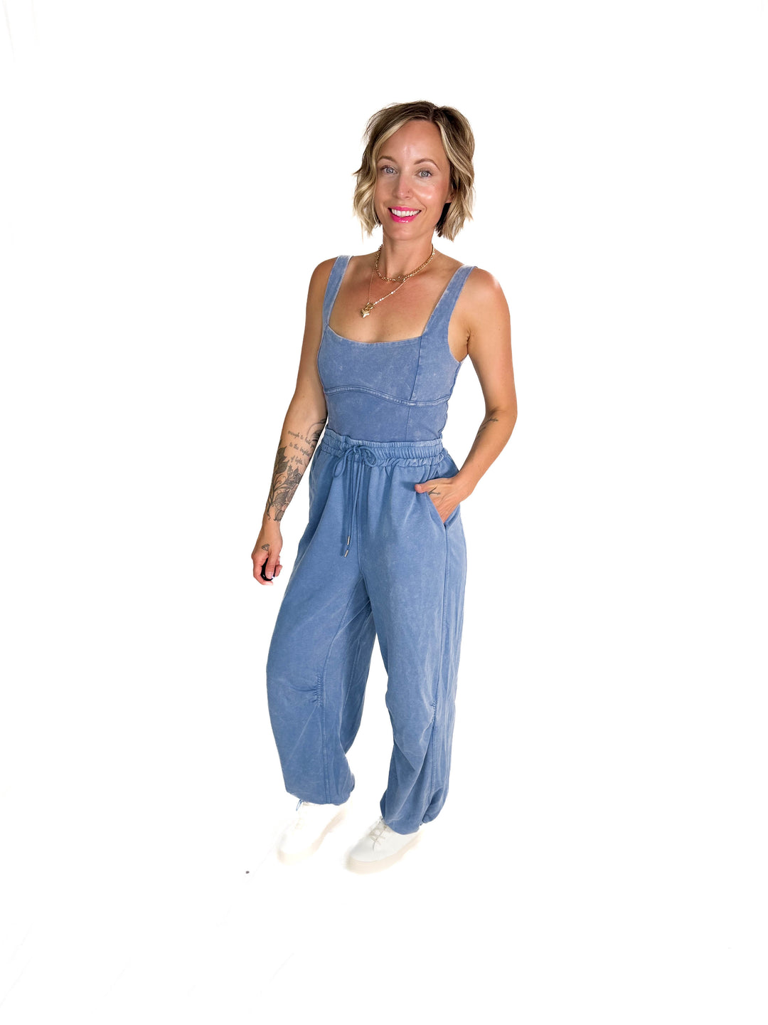 Farrah Mineral Wash Drawstring  Jumpsuit- DENIM