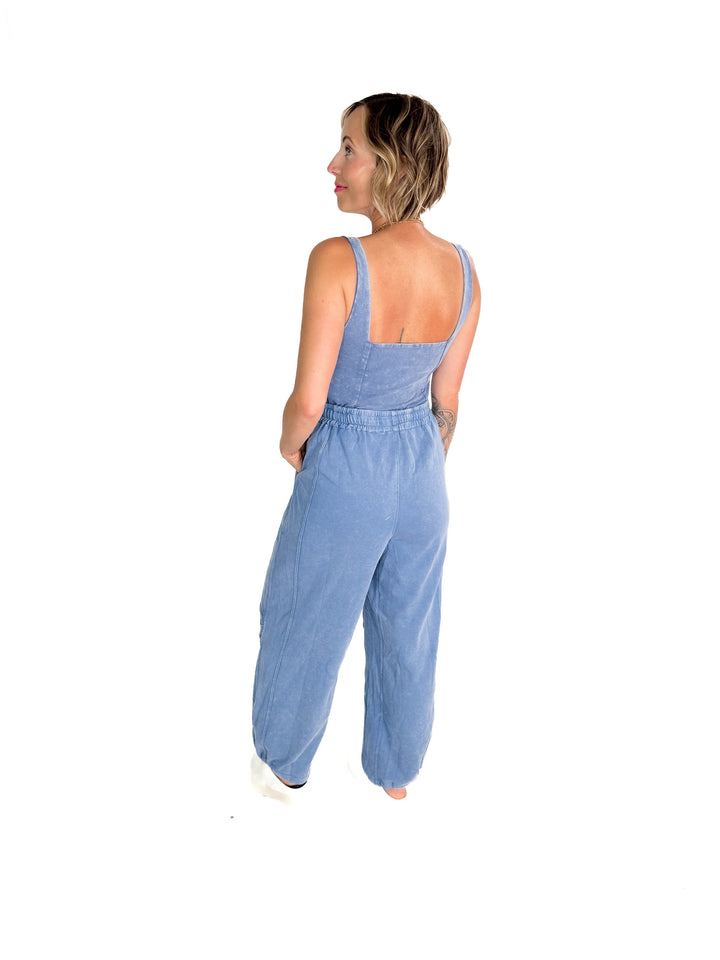 Farrah Mineral Wash Drawstring  Jumpsuit- DENIM